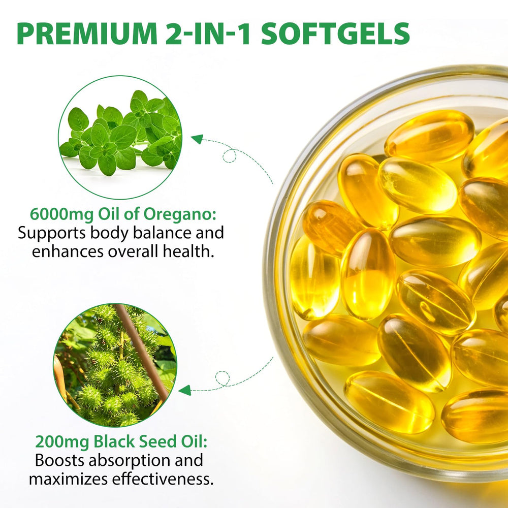 Flasture oregano oil softgels close-up highlighting the 2-in-1 blend