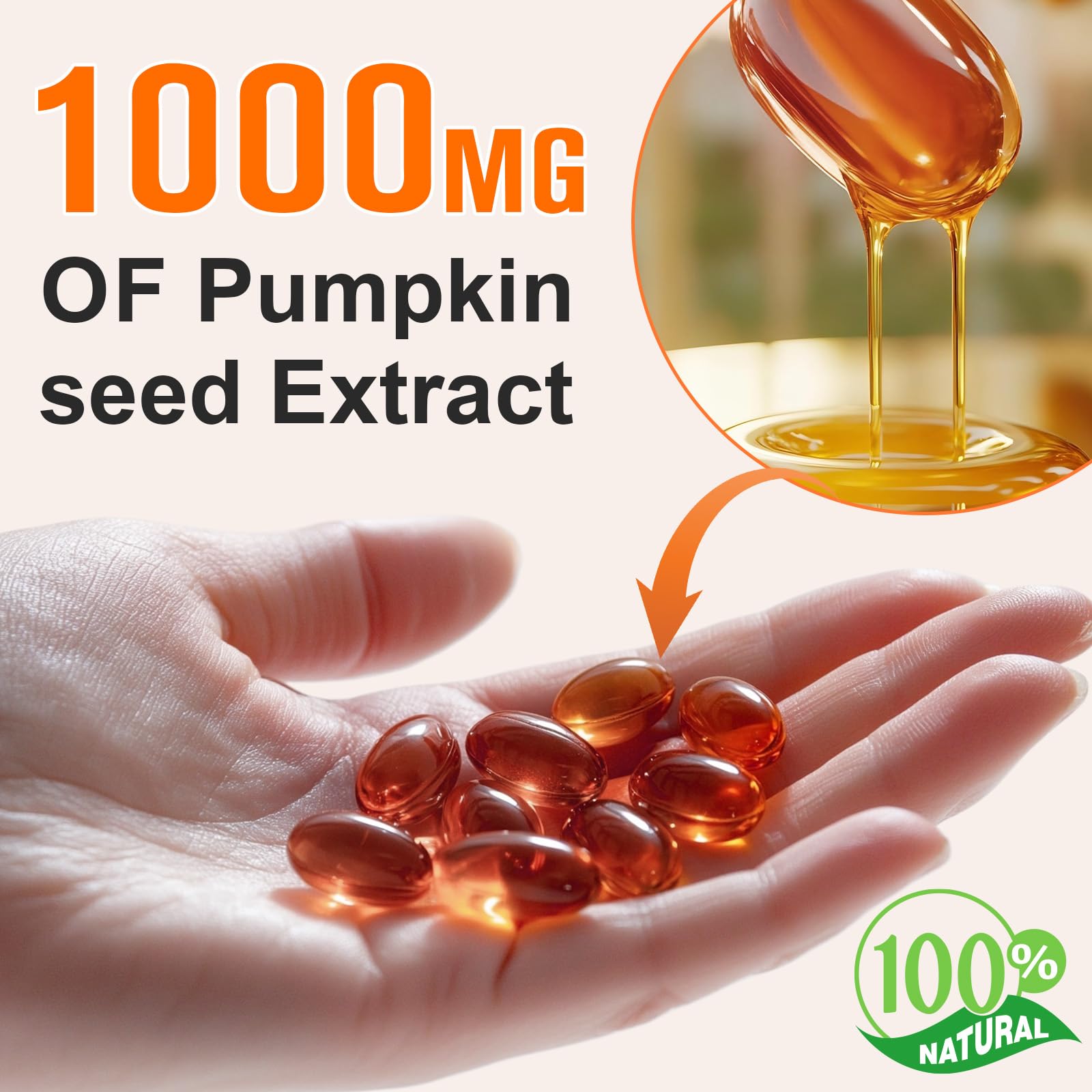 Flasture pumpkin seed oil softgels closeup for easy daily intake.