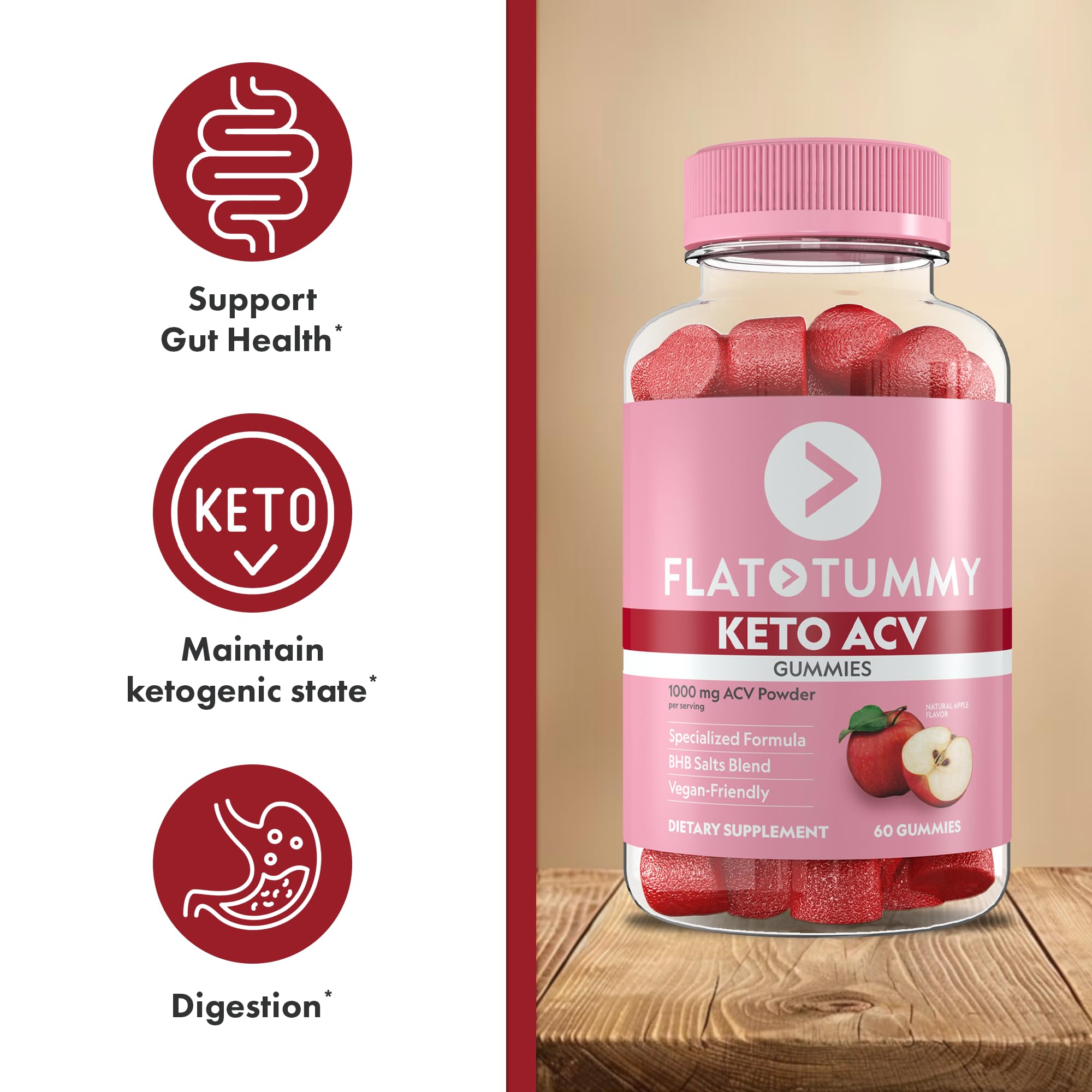 Flat Tummy Keto ACV Gummies with beet and pomegranate powders for flavor and nutrition.
