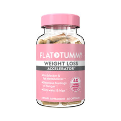 Flat Tummy Weight Loss Accelerator bottle showing tasteless capsules for appetite control.
