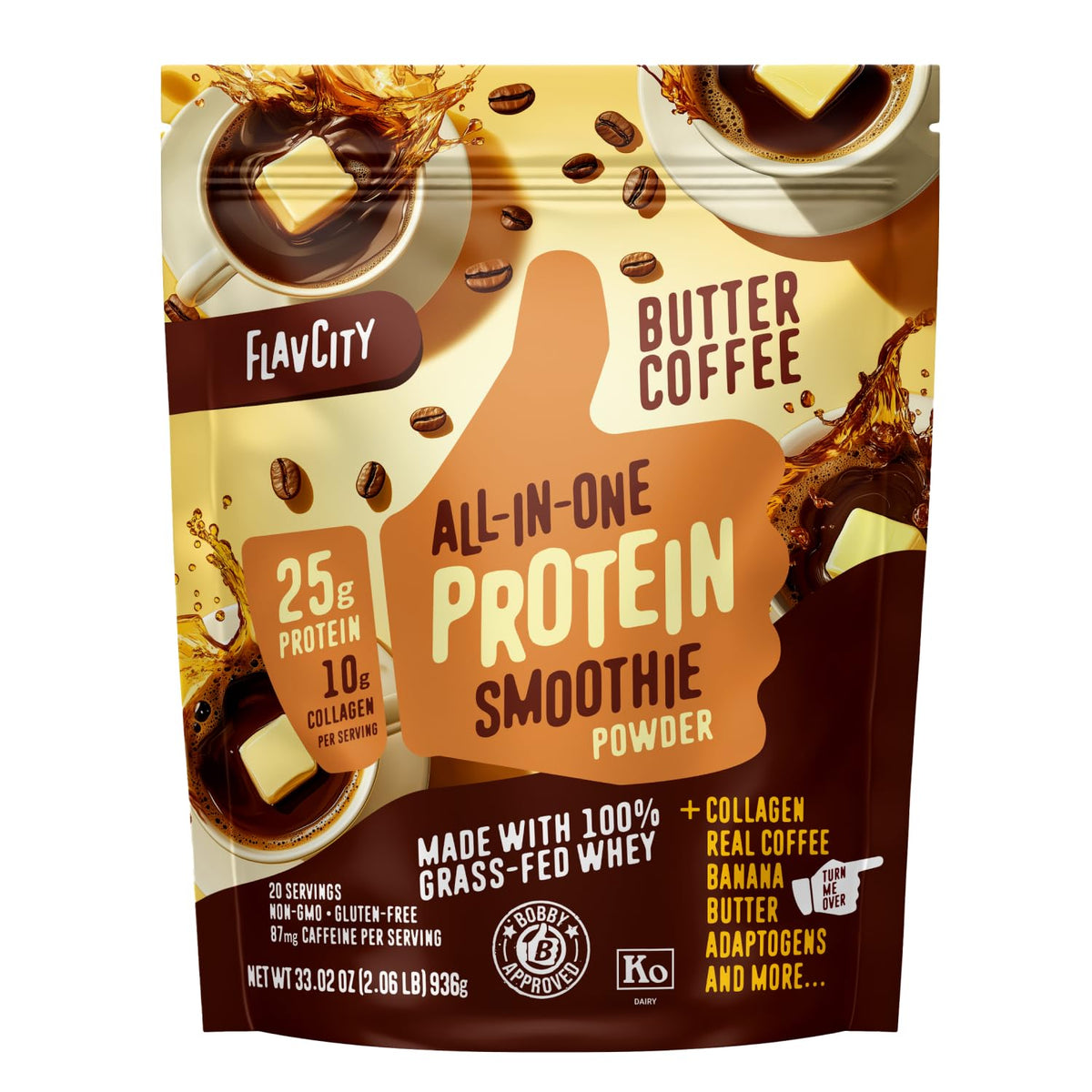 FlavCity butter coffee shake with grass-fed whey for a quick protein boost