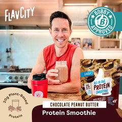 FlavCity Chocolate Peanut Butter protein scoop for easy, delicious shakes.