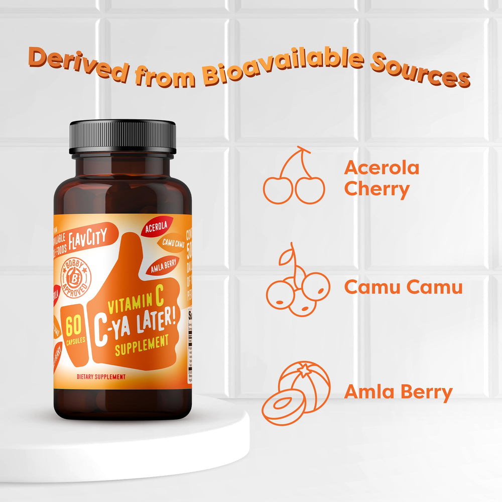 Illustration of Acerola cherry, amla berry, rose hips, and camu camu ingredients