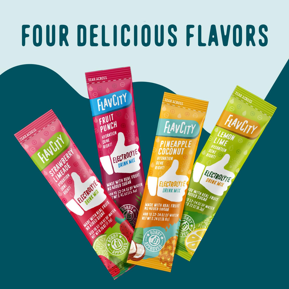 FlavCity Electrolytes sampler packets opened to show real fruit powder.