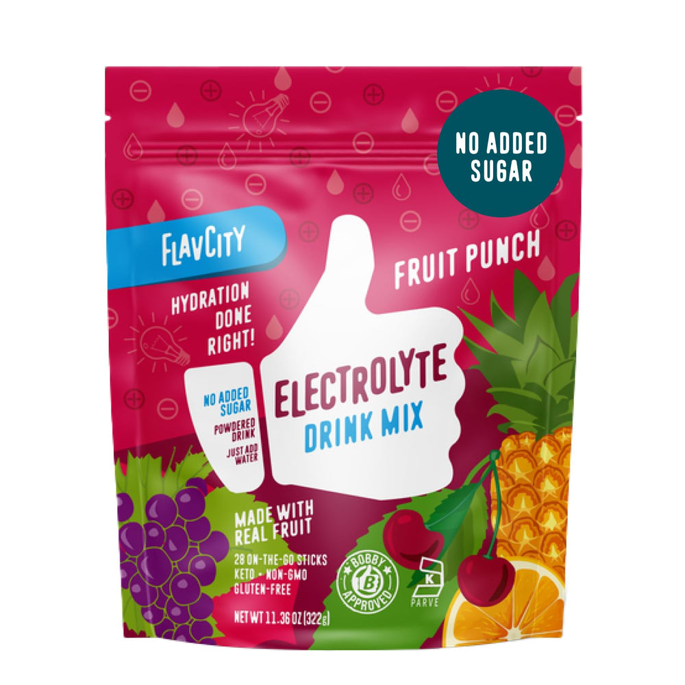 FlavCity Fruit Punch electrolyte packet front view for convenient hydration
