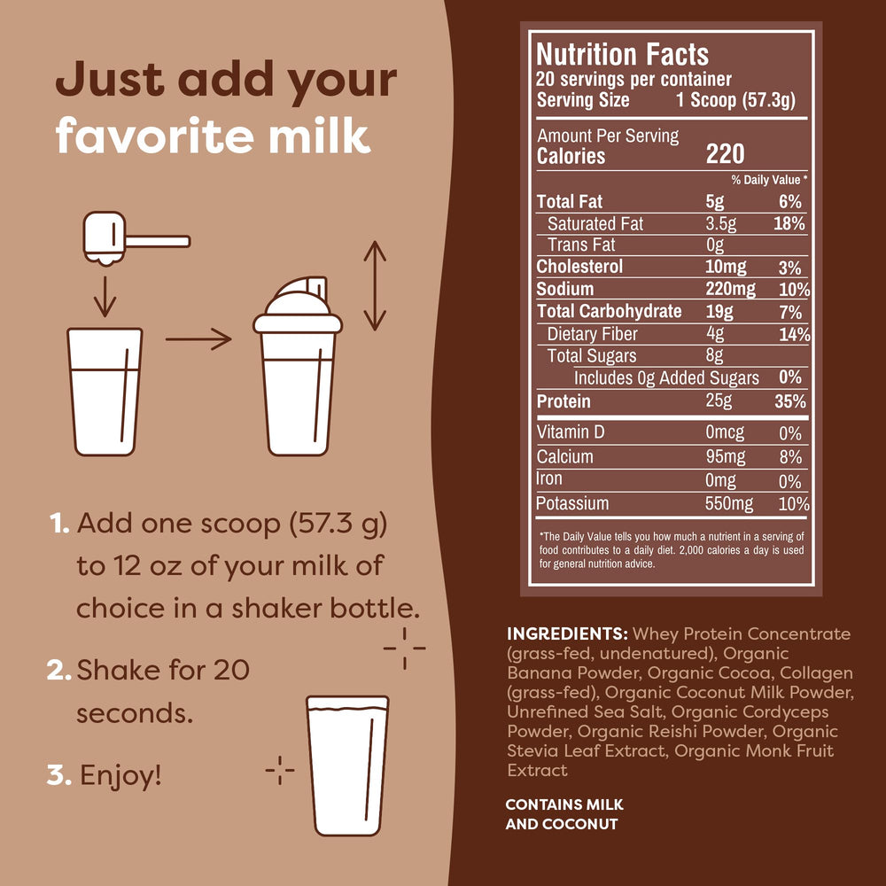 FlavCity Grass Fed Whey Chocolate banana and coconut milk mix, natural flavor and creaminess