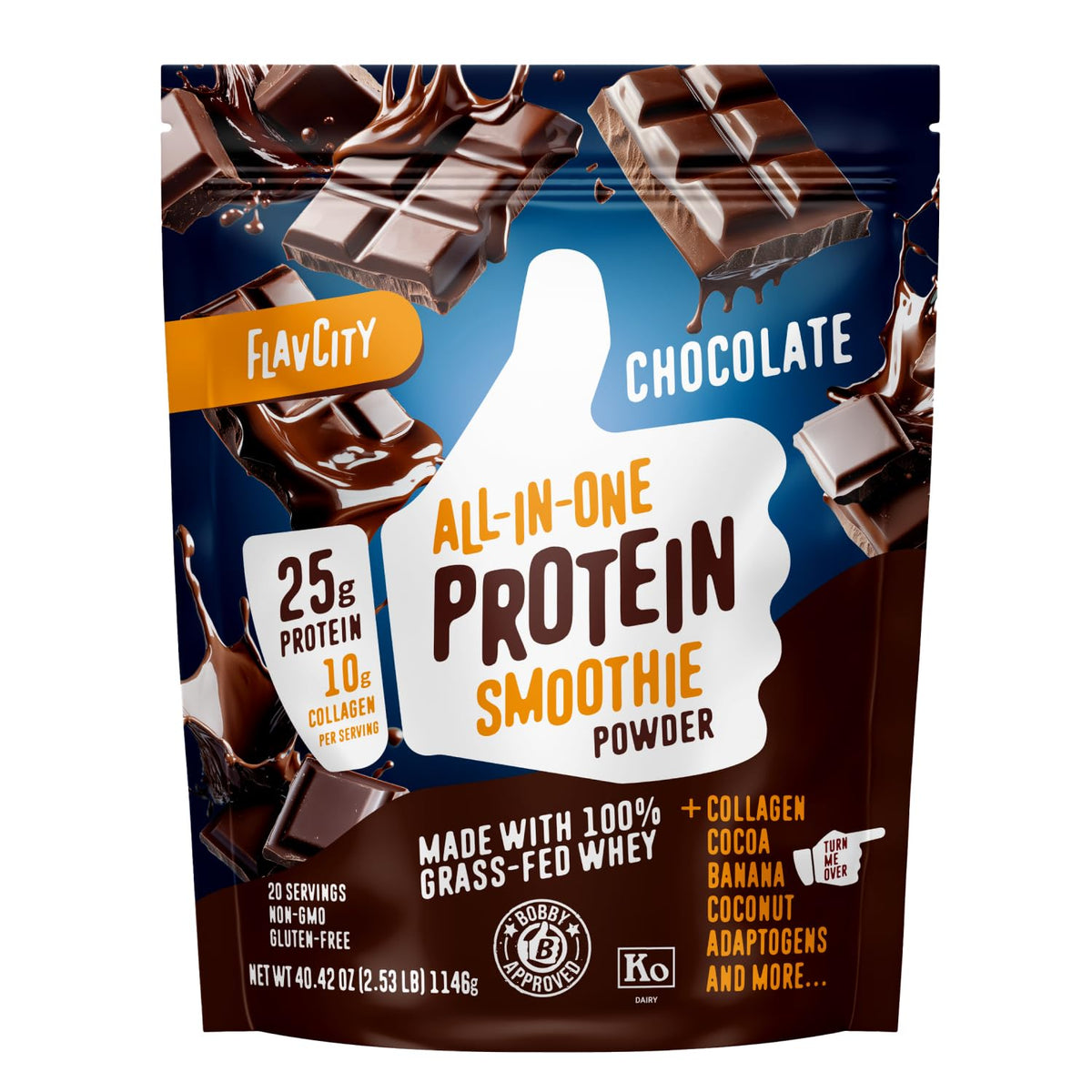 FlavCity Grass Fed Whey Chocolate jar front, premium protein source for daily fueling