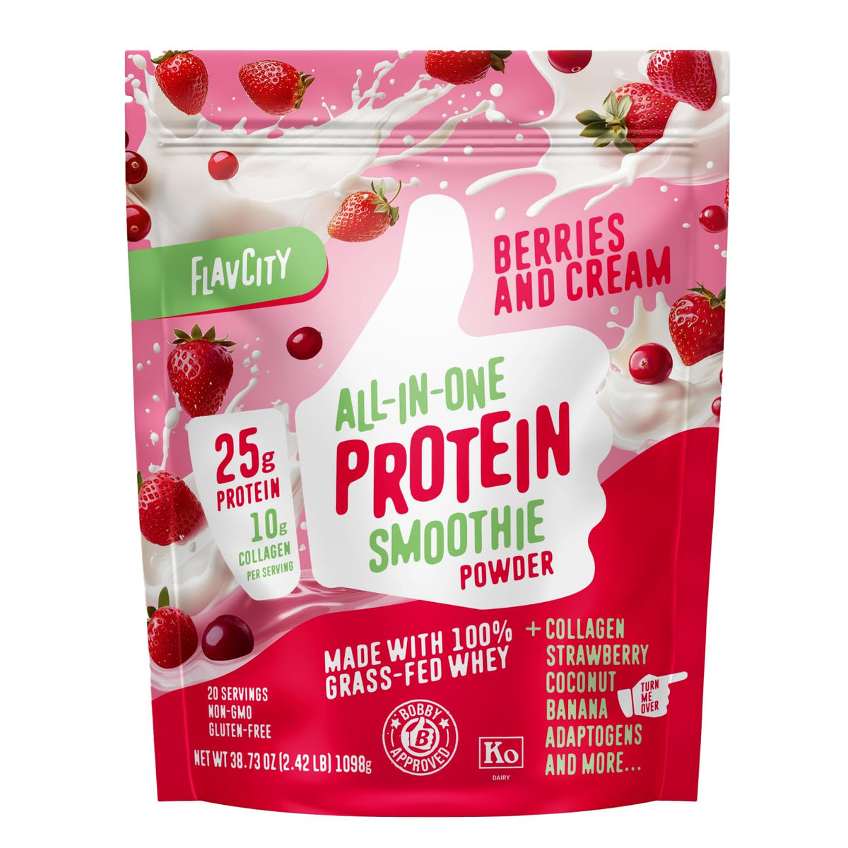 FlavCity Grass Fed Whey Protein berries-cream scoop for quick post-workout fuel.