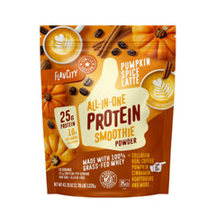 FlavCity grass-fed whey pumpkin spice container showing real ingredients and gluten-free label