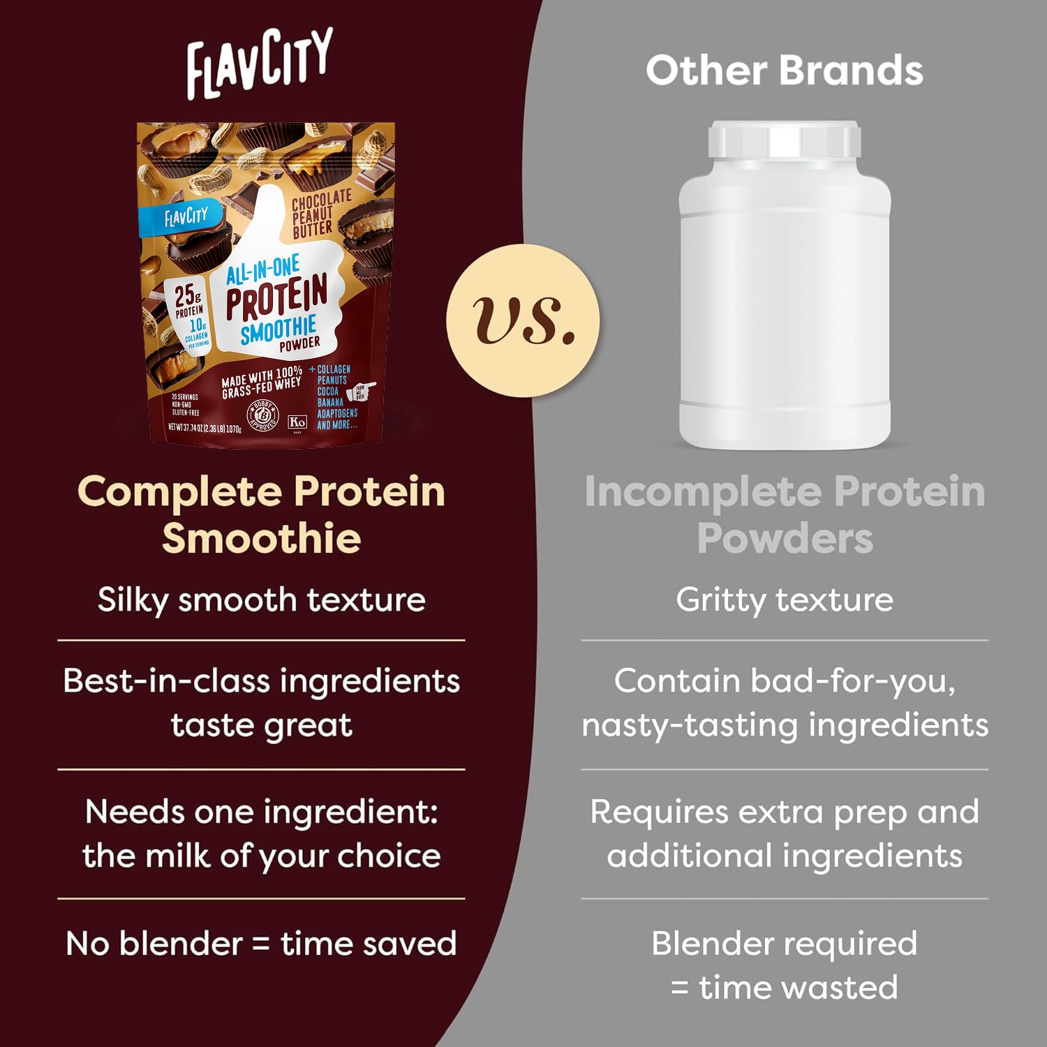 FlavCity morning shake glass ready with chocolate peanut butter flavor.
