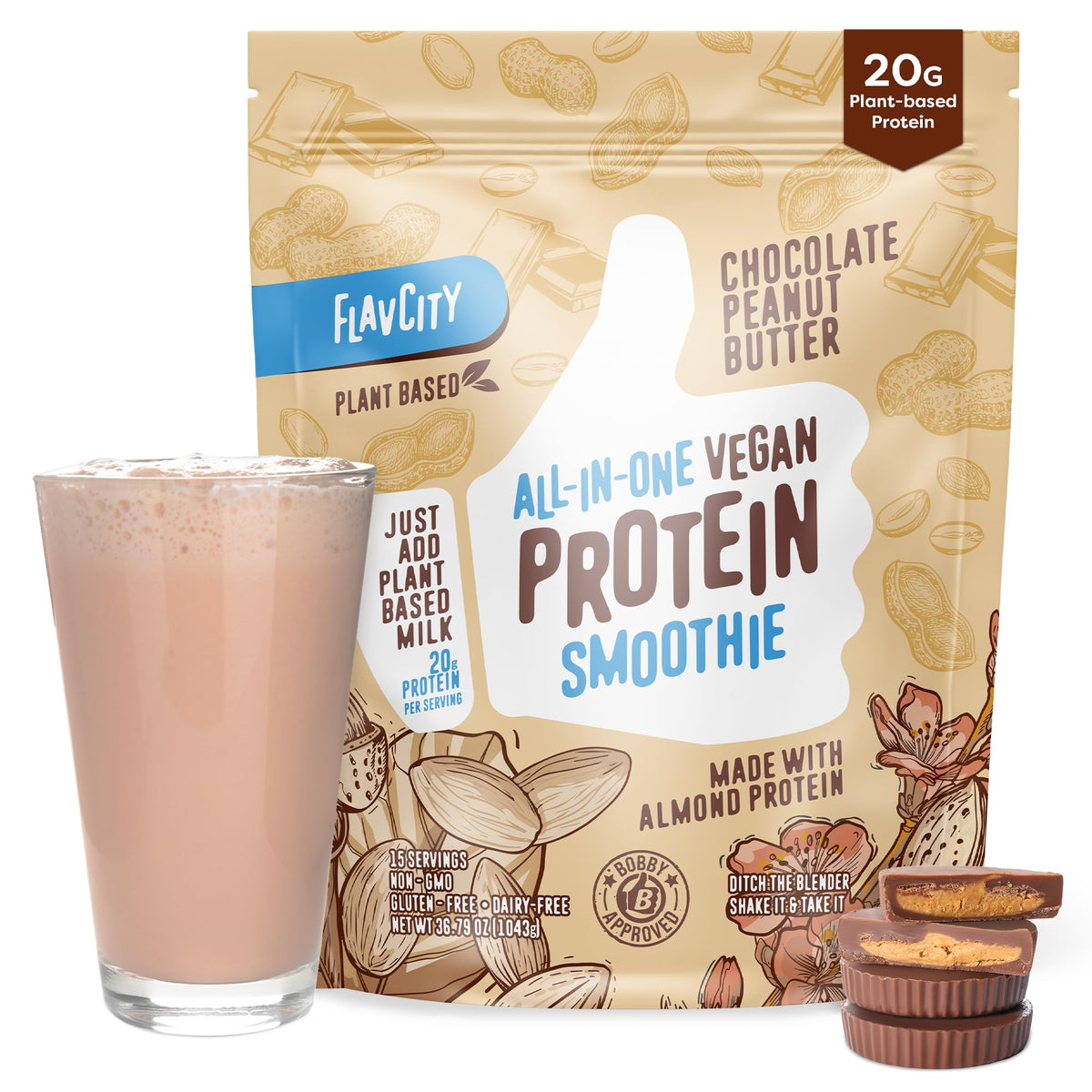 FlavCity vegan protein powder bottle showing chocolate peanut butter flavor for a convenient protein source.