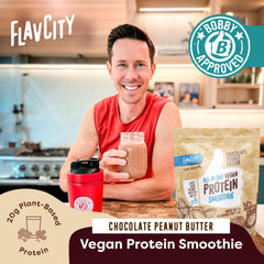 FlavCity vegan protein powder scoop ready for quick shakes on the go.
