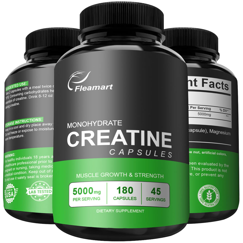 Fleamart creatine monohydrate capsules bottle for easy daily supplementation during workouts.
