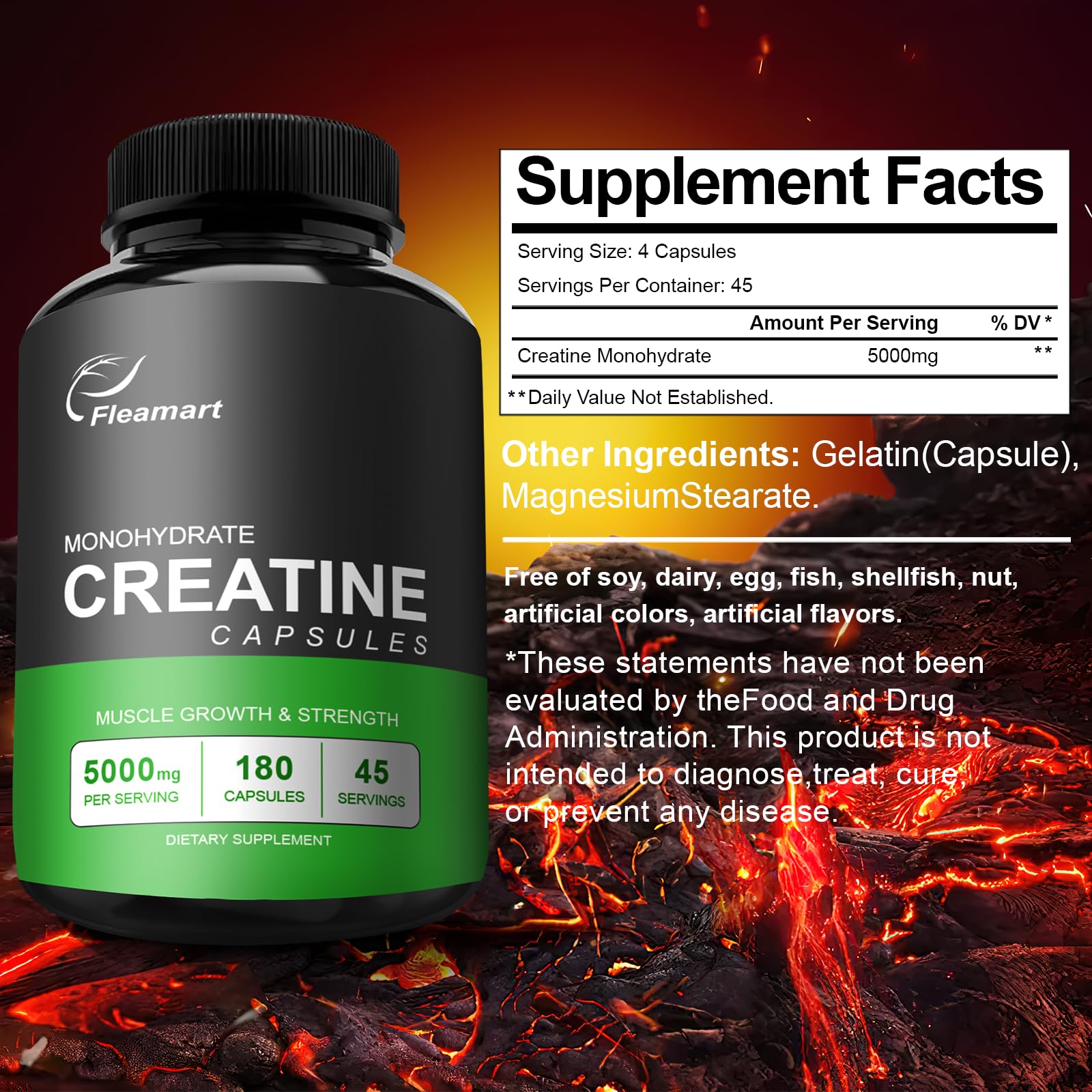 Fleamart creatine monohydrate capsules close-up showing compact size for easy swallowing.