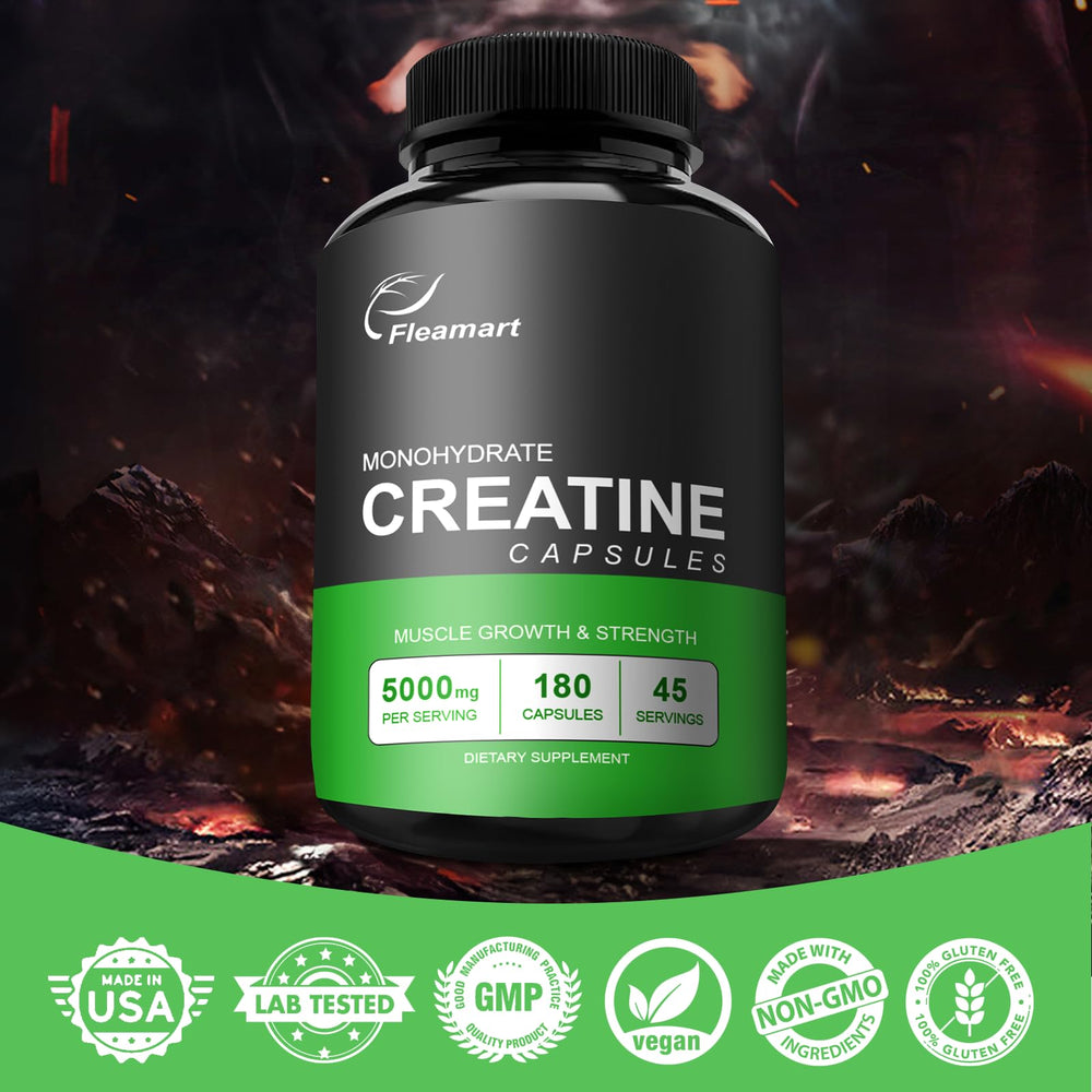 Fleamart creatine monohydrate label highlights 5000mg per serving for strength support.