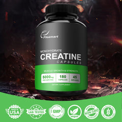Fleamart creatine monohydrate label highlights 5000mg per serving for strength support.