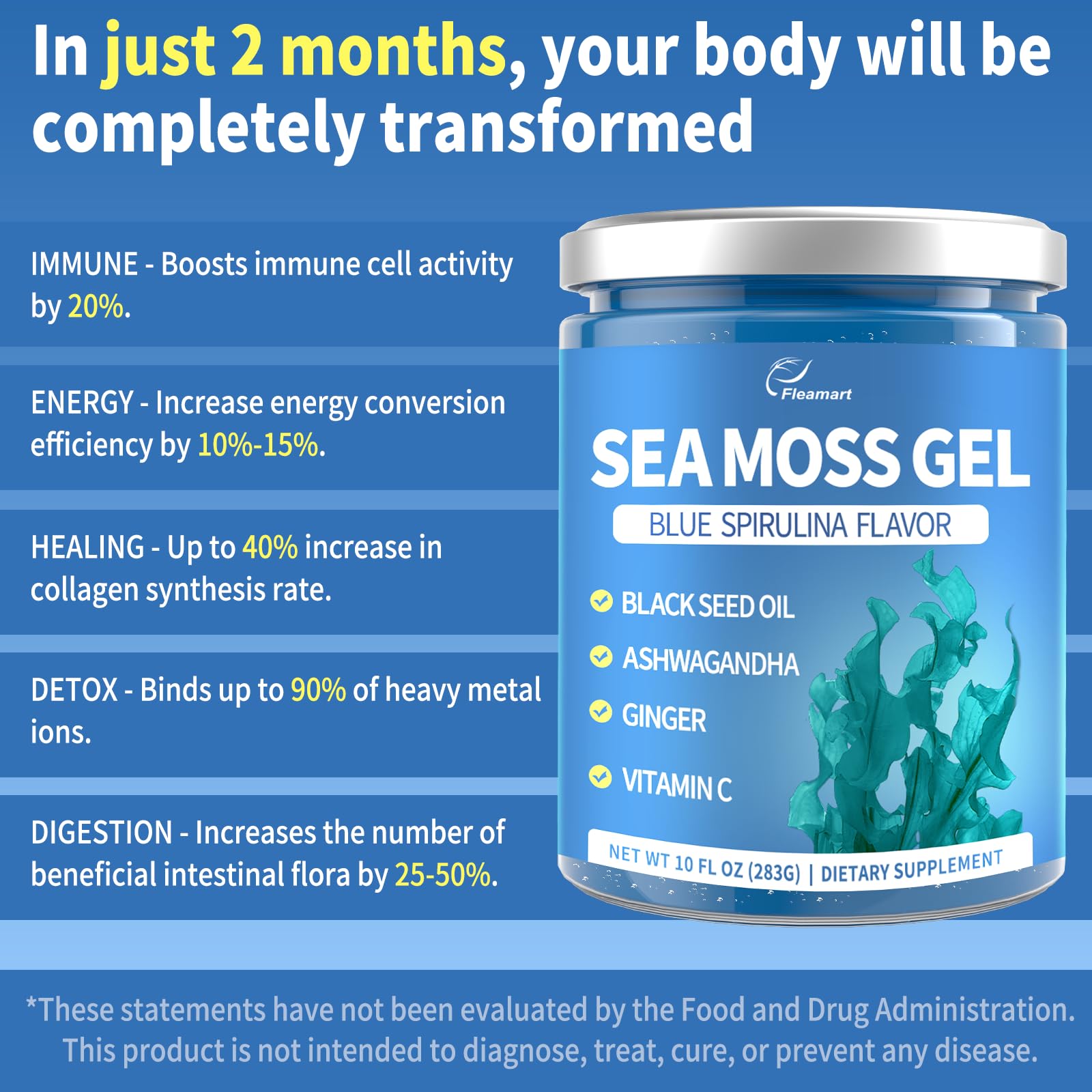 Fleamart Irish Sea Moss gel ingredients card shows wildcrafted nutrition.