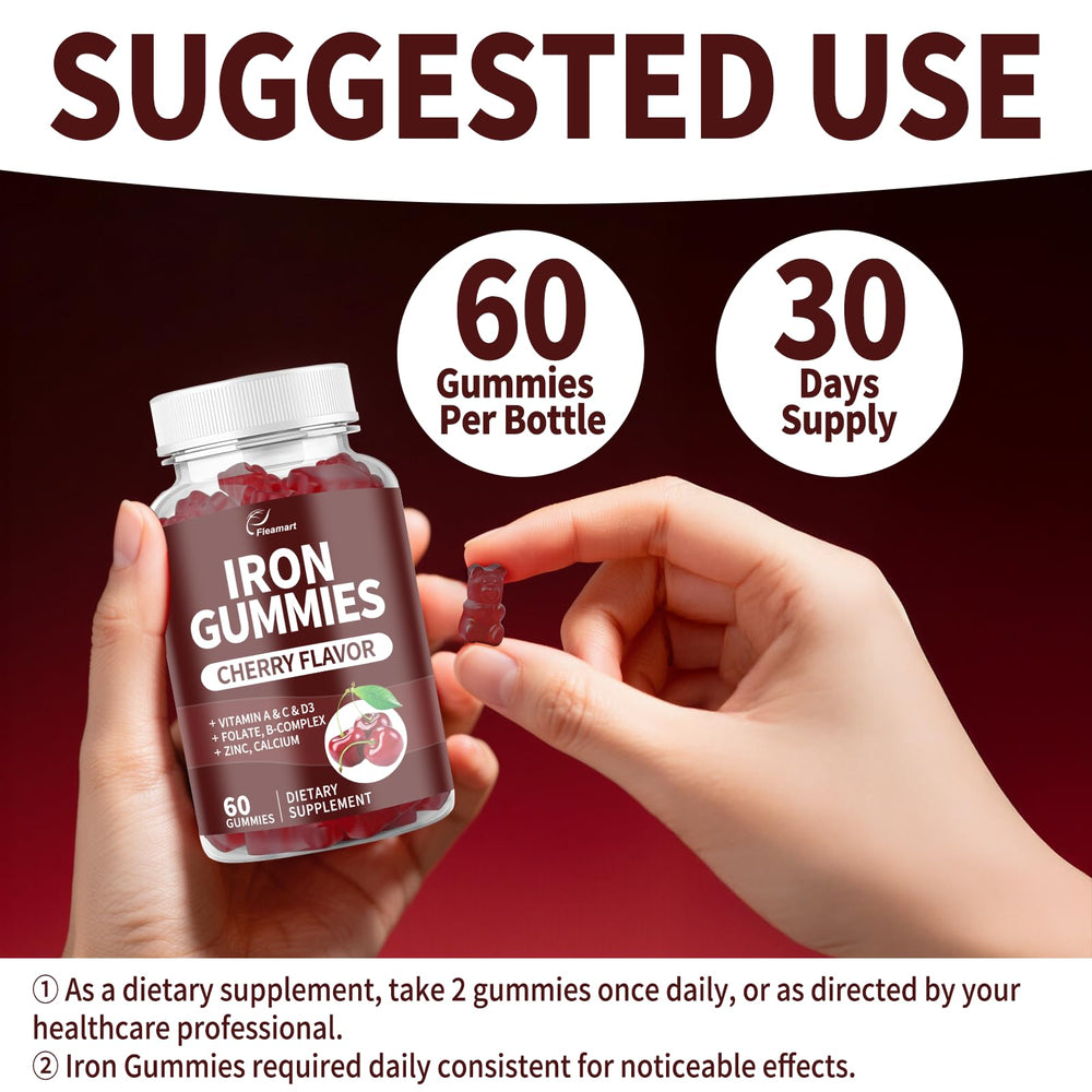 Fleamart Iron Gummies cherry flavor jar highlighting vegan and sugar-free nutrition