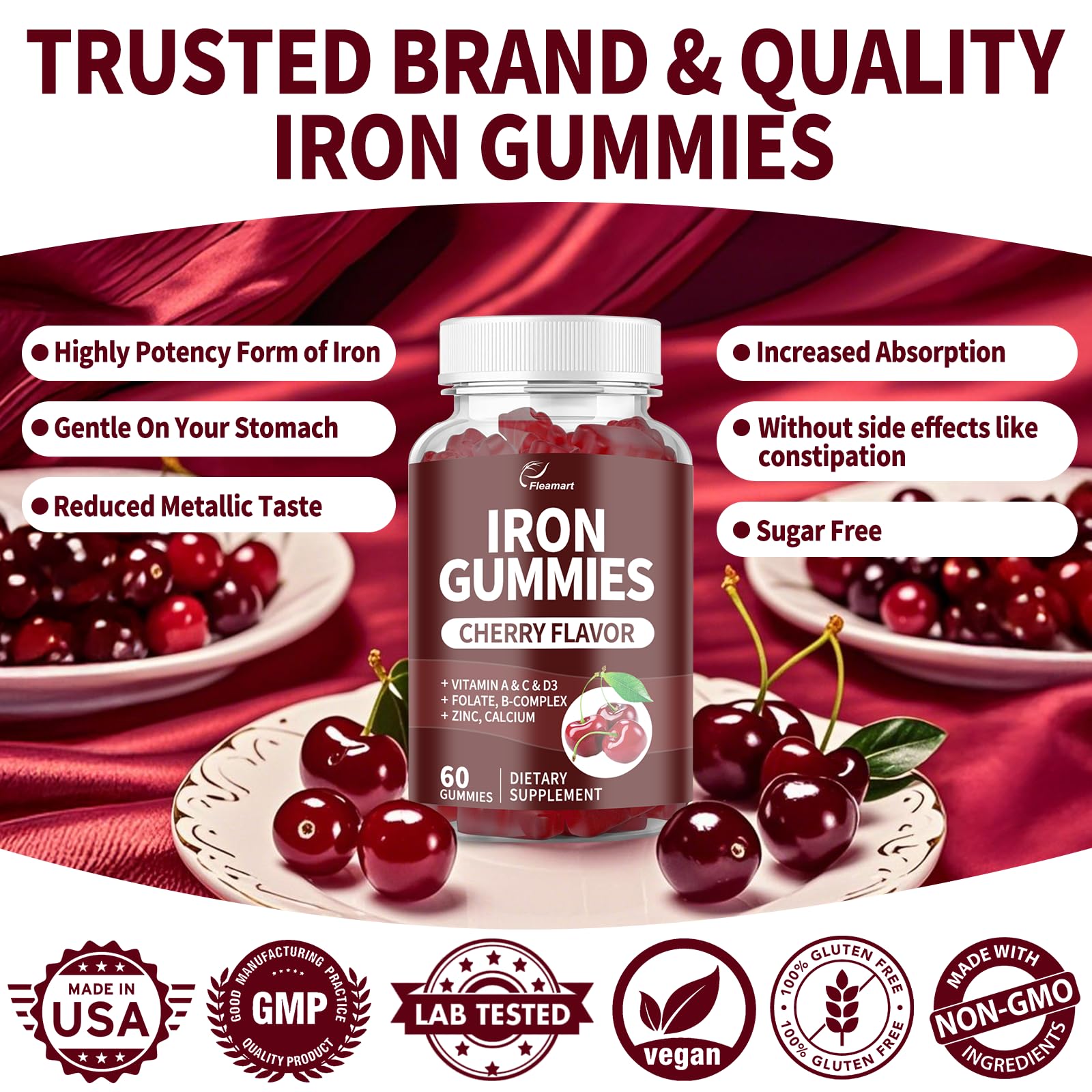 Fleamart iron gummy close-up highlighting chewy texture and cherry color for easy daily intake