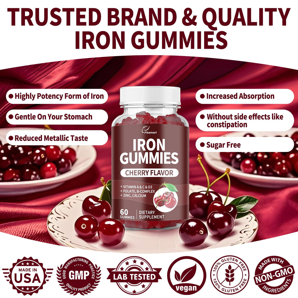 Fleamart iron gummy close-up highlighting chewy texture and cherry color for easy daily intake