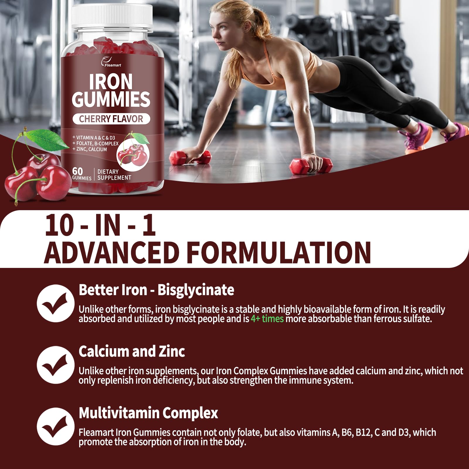 Fleamart Iron Gummies ingredient icons showing nine nutrients for balanced daily nutrition