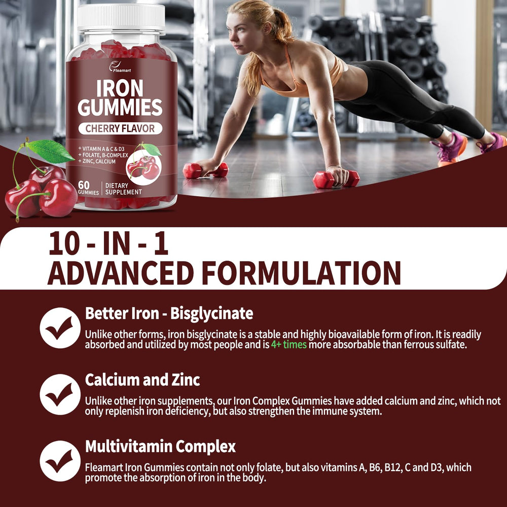 Fleamart Iron Gummies ingredient icons showing nine nutrients for balanced daily nutrition