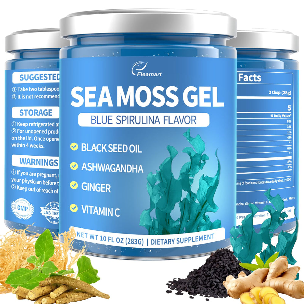 Fleamart Sea Moss Blue Spirulina bottle highlights energizing gel.