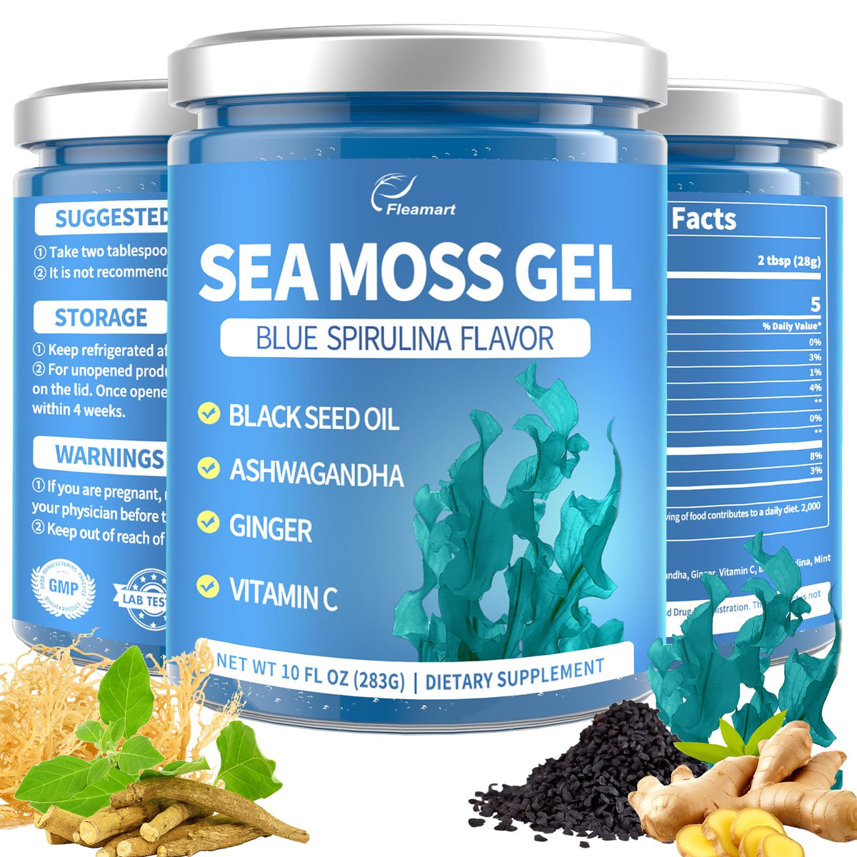 Fleamart Sea Moss Blue Spirulina bottle highlights energizing gel.