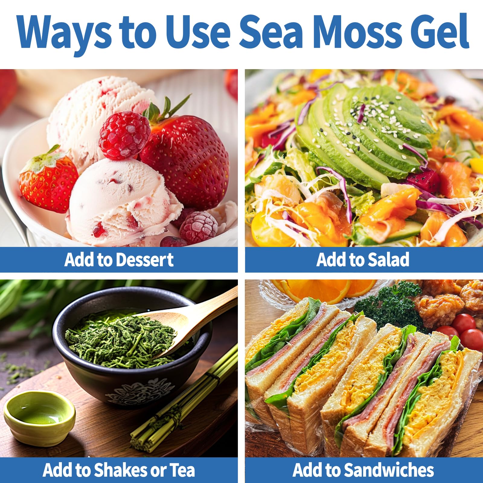 Fleamart Sea Moss gel serving ideas for shakes, tea, and more.