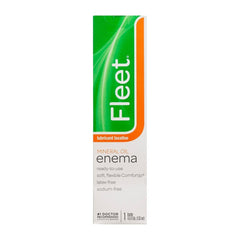 Fleet Mineral Oil Enema Comfortip demonstrates pre-lubricated tip for gentle insertion.