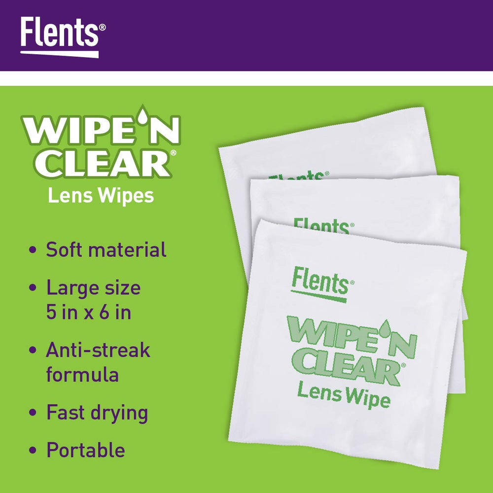 Flents Wipe N Clear soft-quilted wipes clean lenses without scratching.