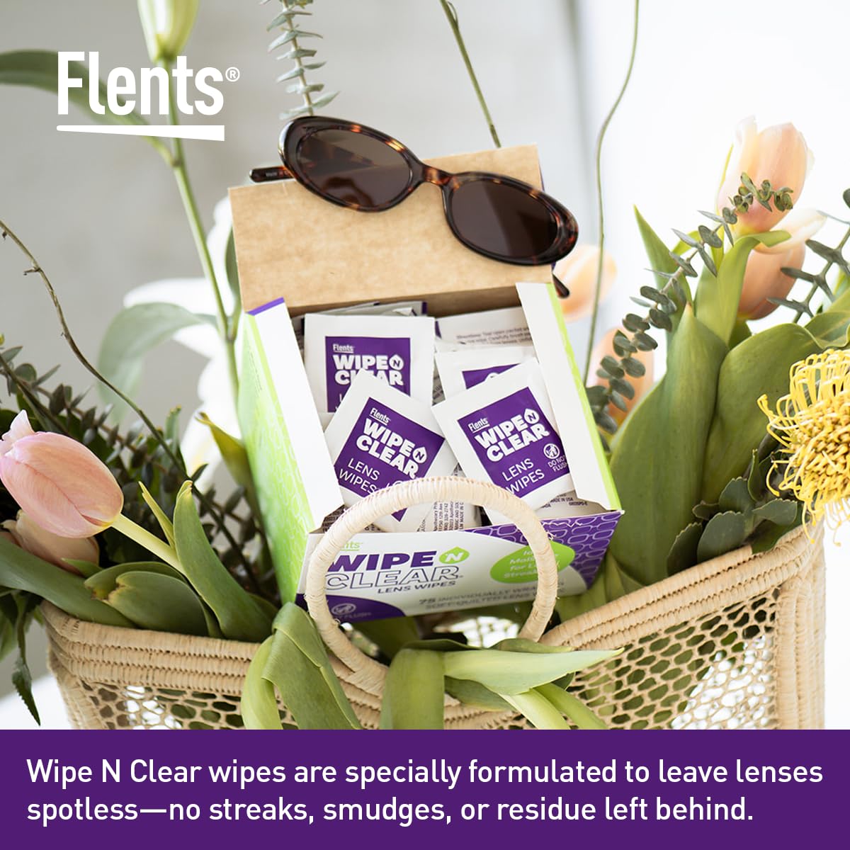 Flents Wipe N Clear travel box for on-the-go glasses and screens cleaning.
