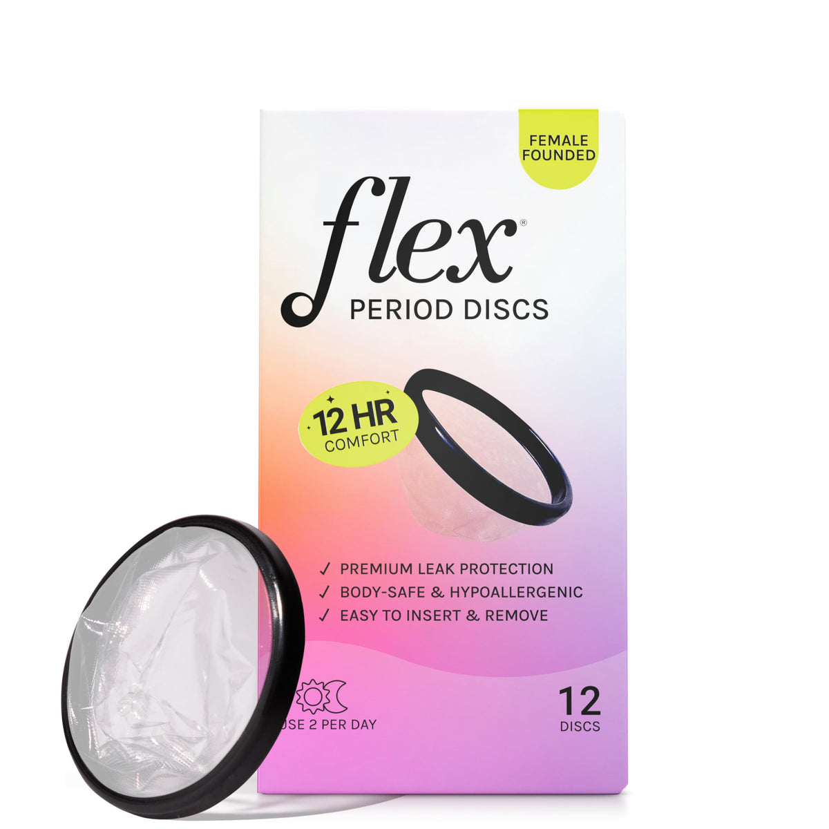 Flex Disc packaging demonstrates discreet, ready-to-use period protection.