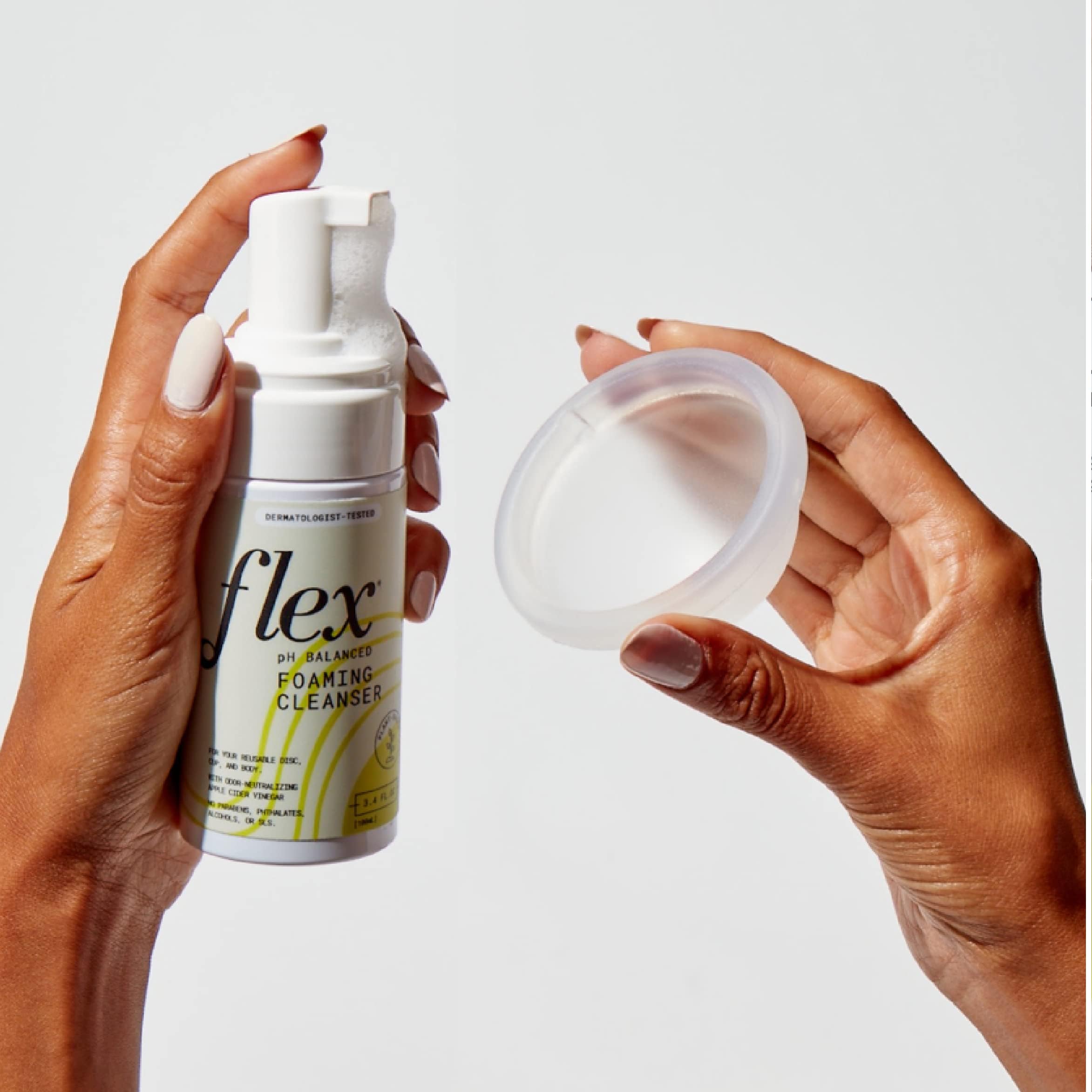 Flex Foaming Cleanser bottle highlighting gentle cleansing for skin.