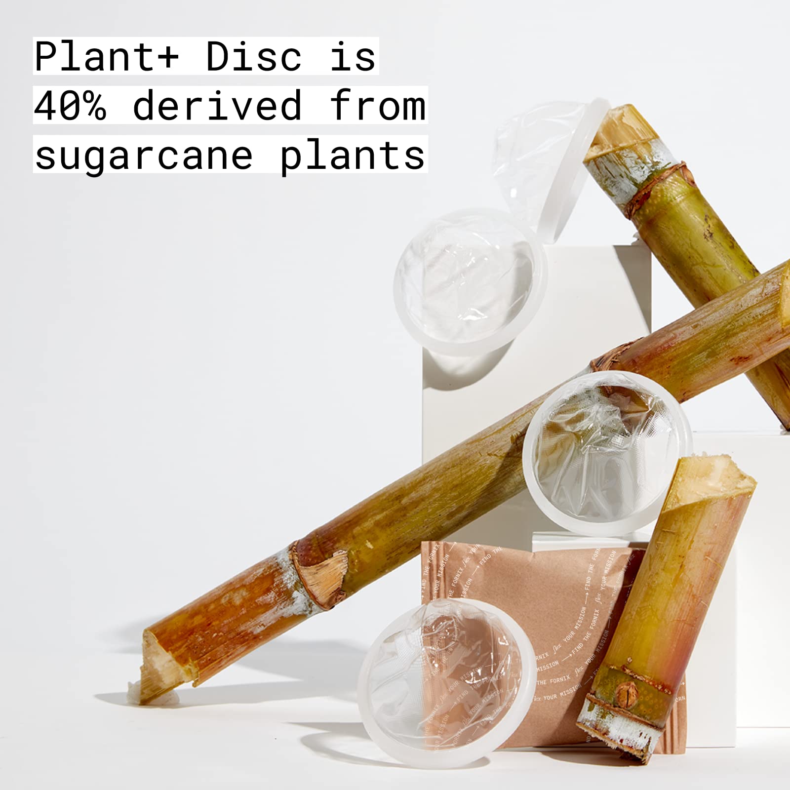 Close-up of Flex Plant+ Disc capacity highlighting 60 mL (5+ tampons) equivalent.