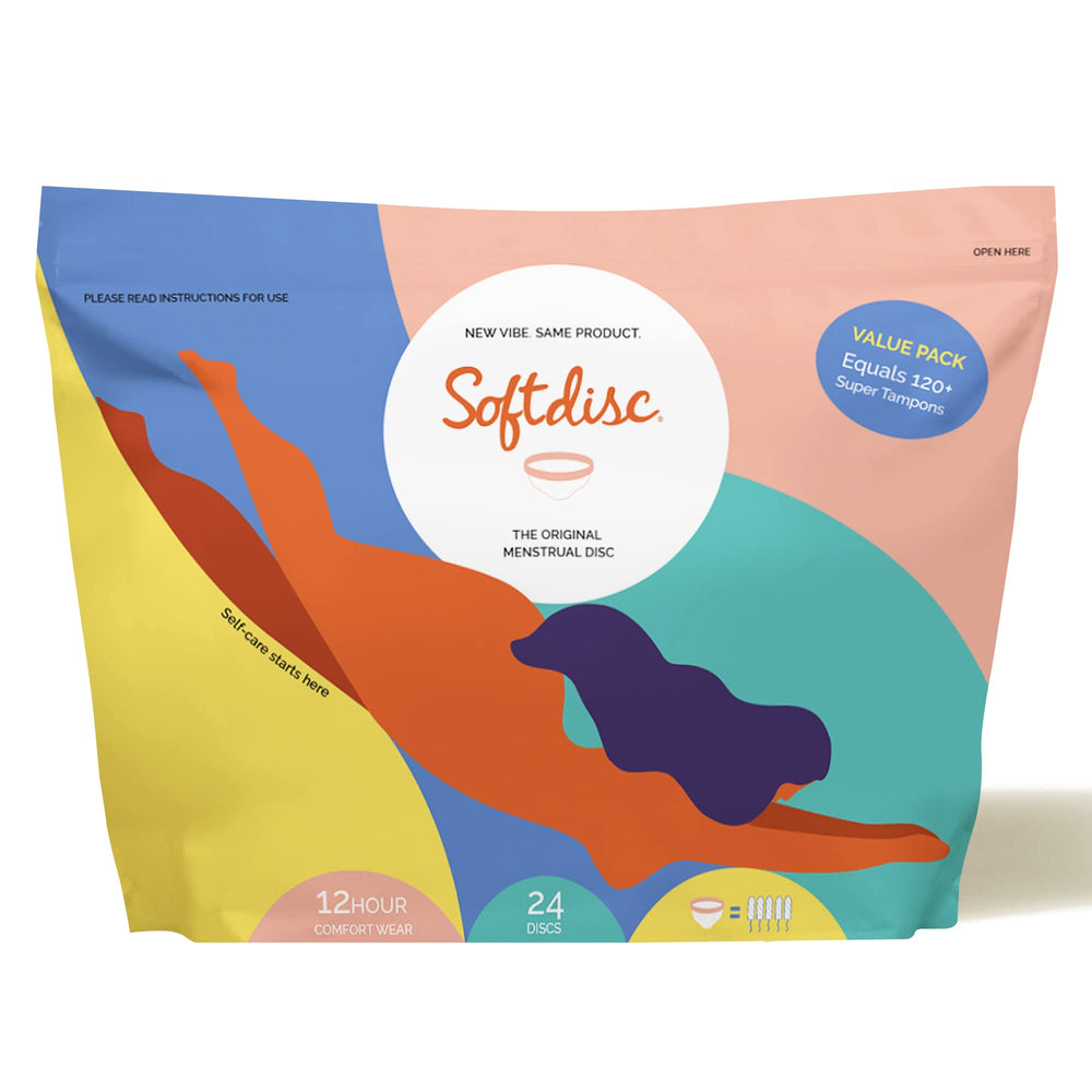 Flex Softdisc 24ct box front showing discreet packaging and ease of disposal.