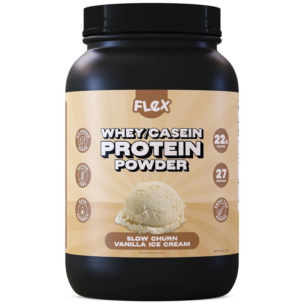 Flexible Dieting Lifestyle whey tub front shows vanilla flavor and high-protein option.