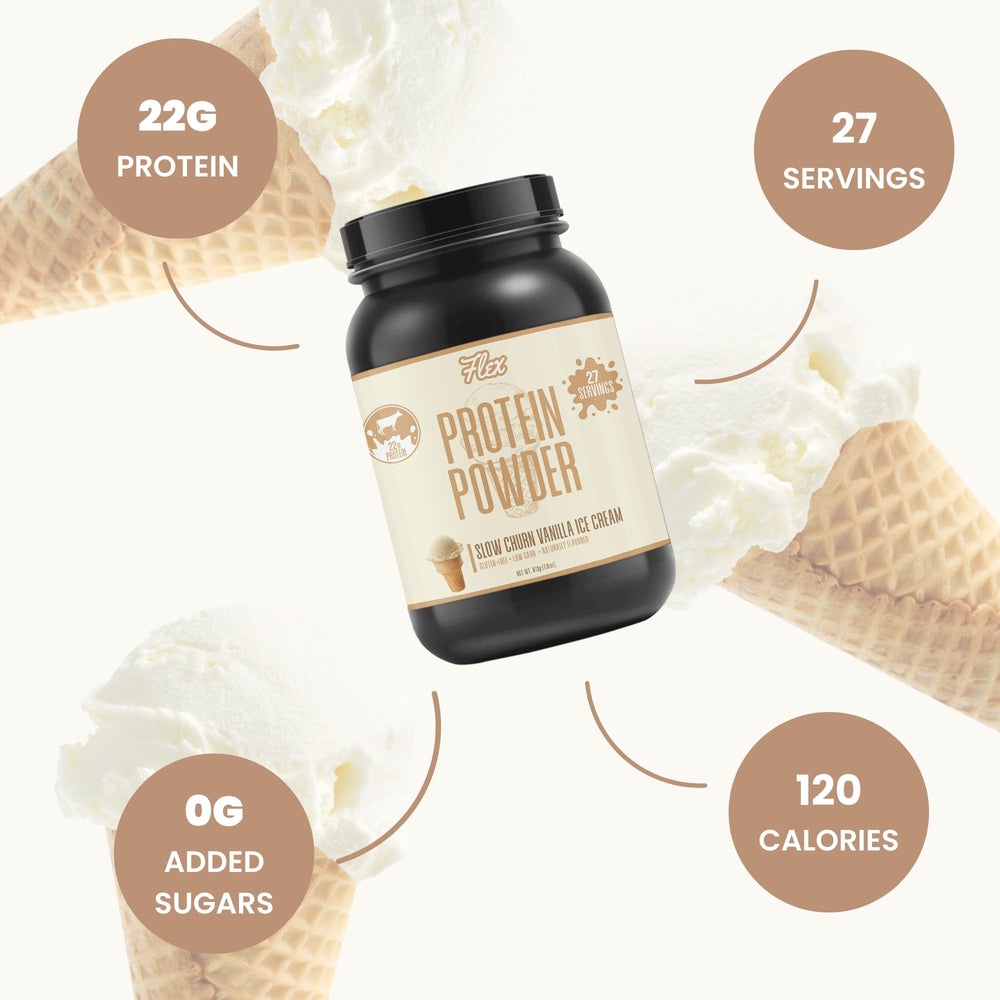 Flexible Dieting Lifestyle whey vanilla scoop highlights convenient protein for snacks.