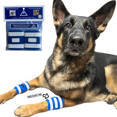 FlexTran Proud Patch Bandage with peep hole cover shown on a paw for easy wound visibility