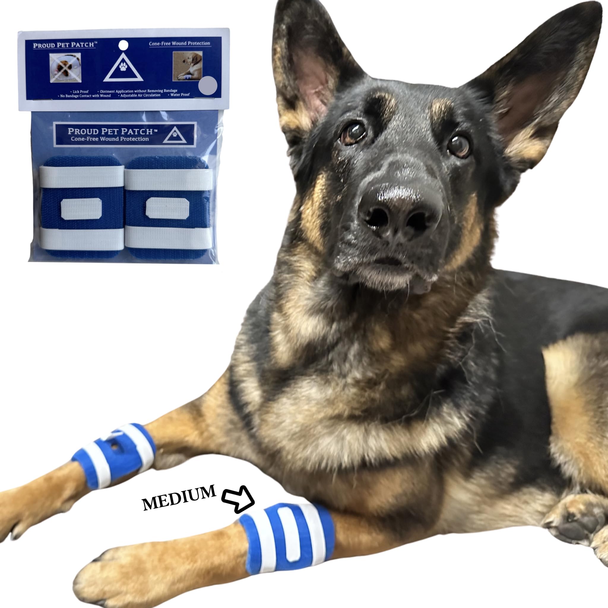 FlexTran Proud Pet Patches bandage with vent hole for easy wound monitoring.