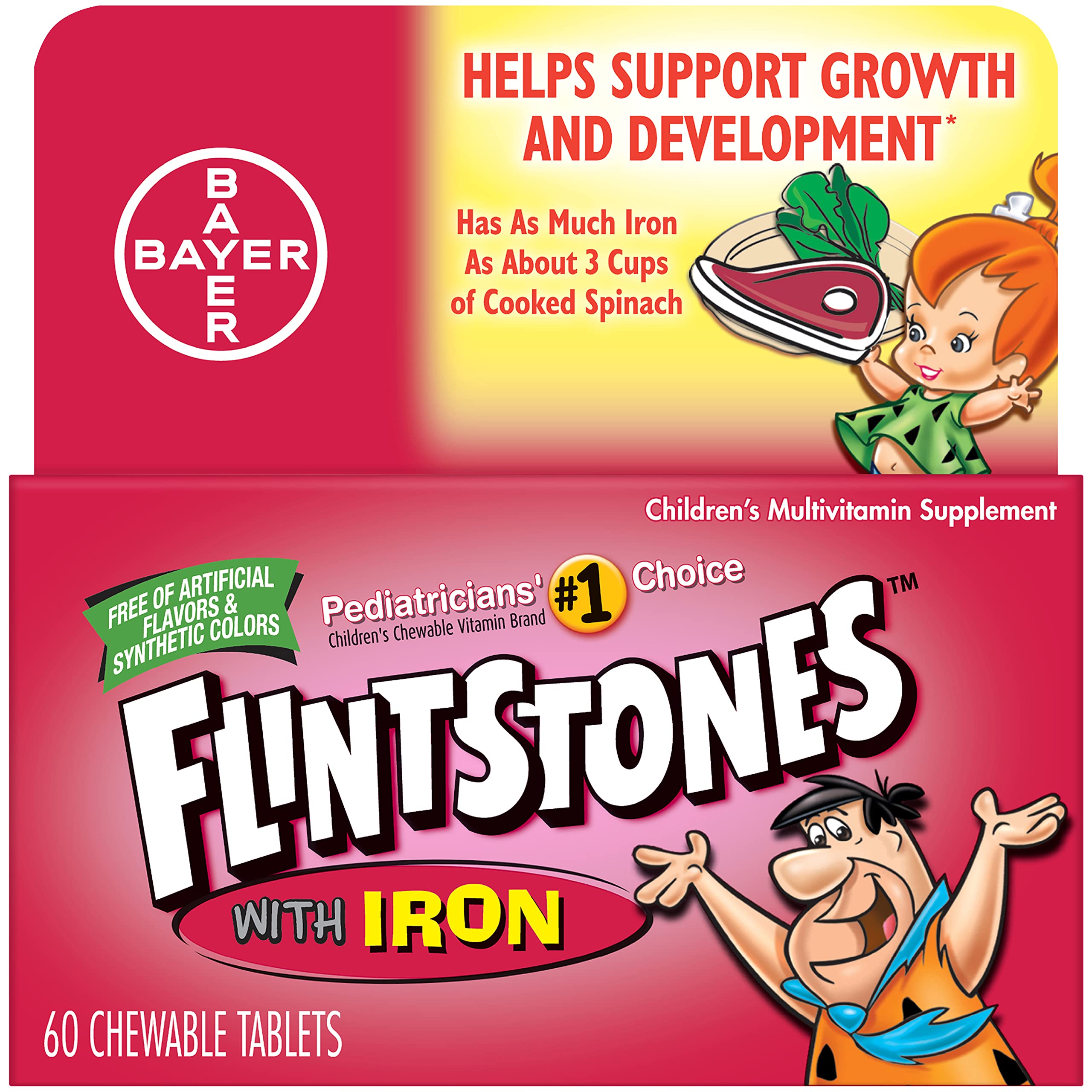 Flintstones chewable kids vitamins bottle shown, includes iron and vitamin D for growing children.