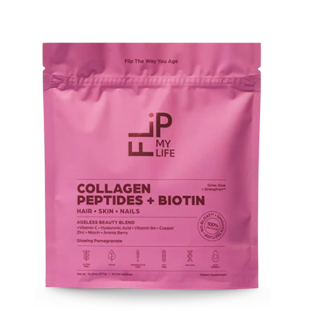 Flip My Life Collagen Peptides bottle close-up for daily beauty support