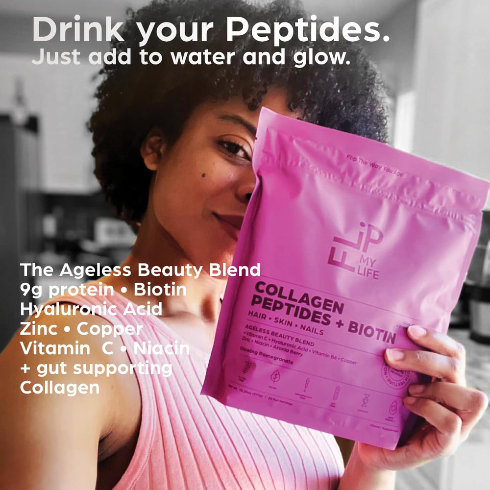 Flip My Life Collagen Peptides poured into a smoothie for skin nourishment