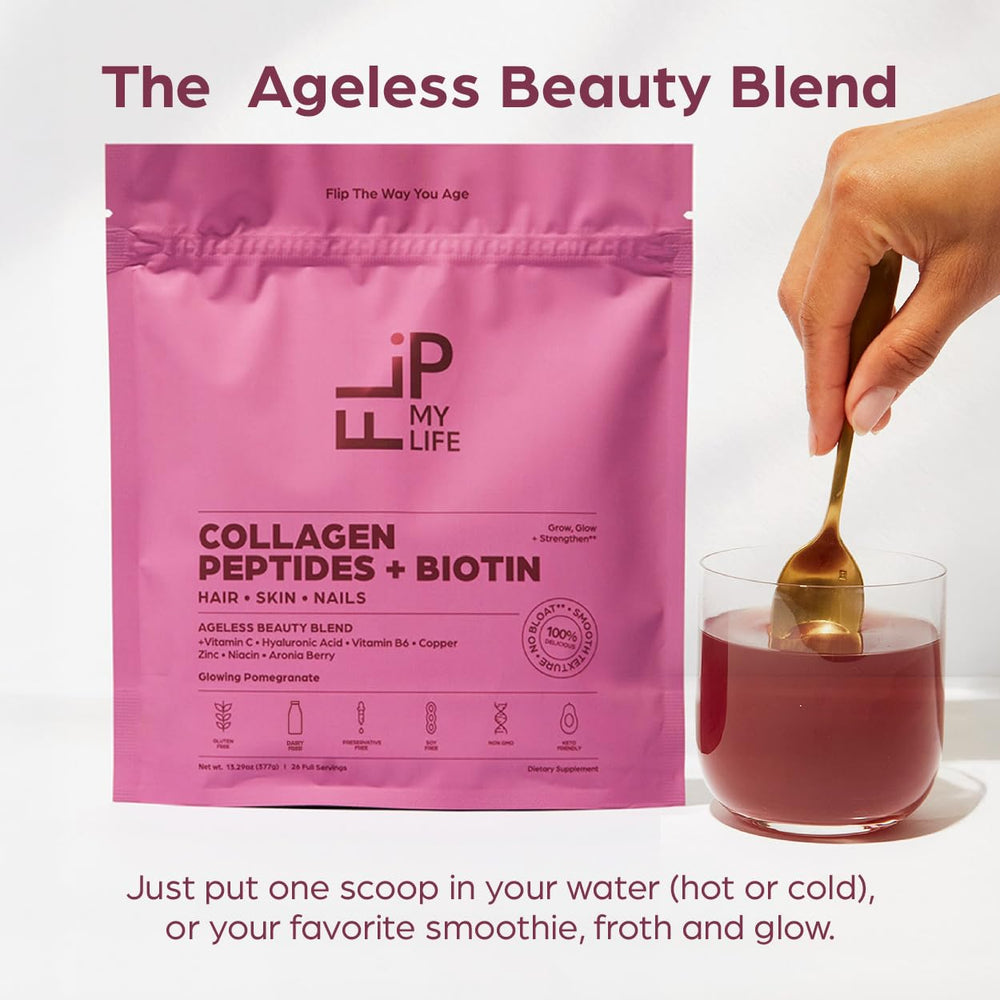 Flip My Life Collagen Peptides powder scoop emphasizing easy daily protein