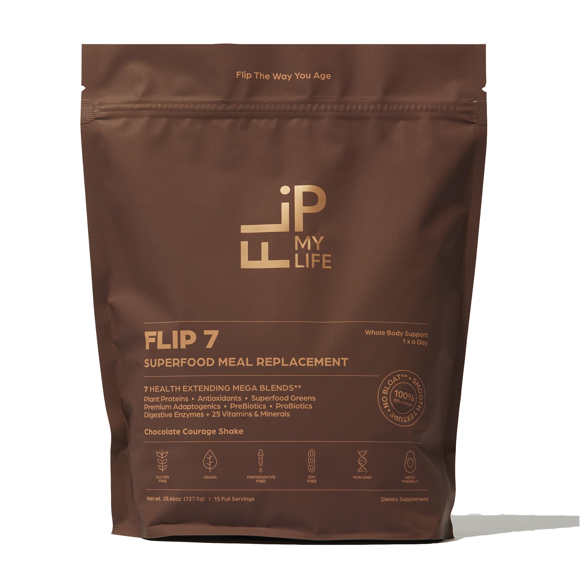 Flip My Life Flip 7 chocolate bottle pour shows convenient meal replacement for busy days.