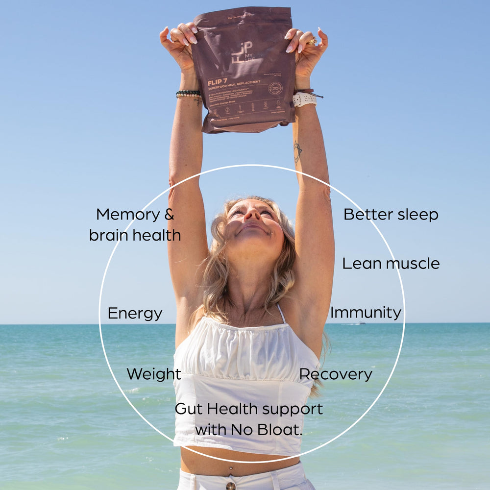 Flip My Life Flip 7 chocolate label close up emphasizes clean ingredients and allergen free promise.