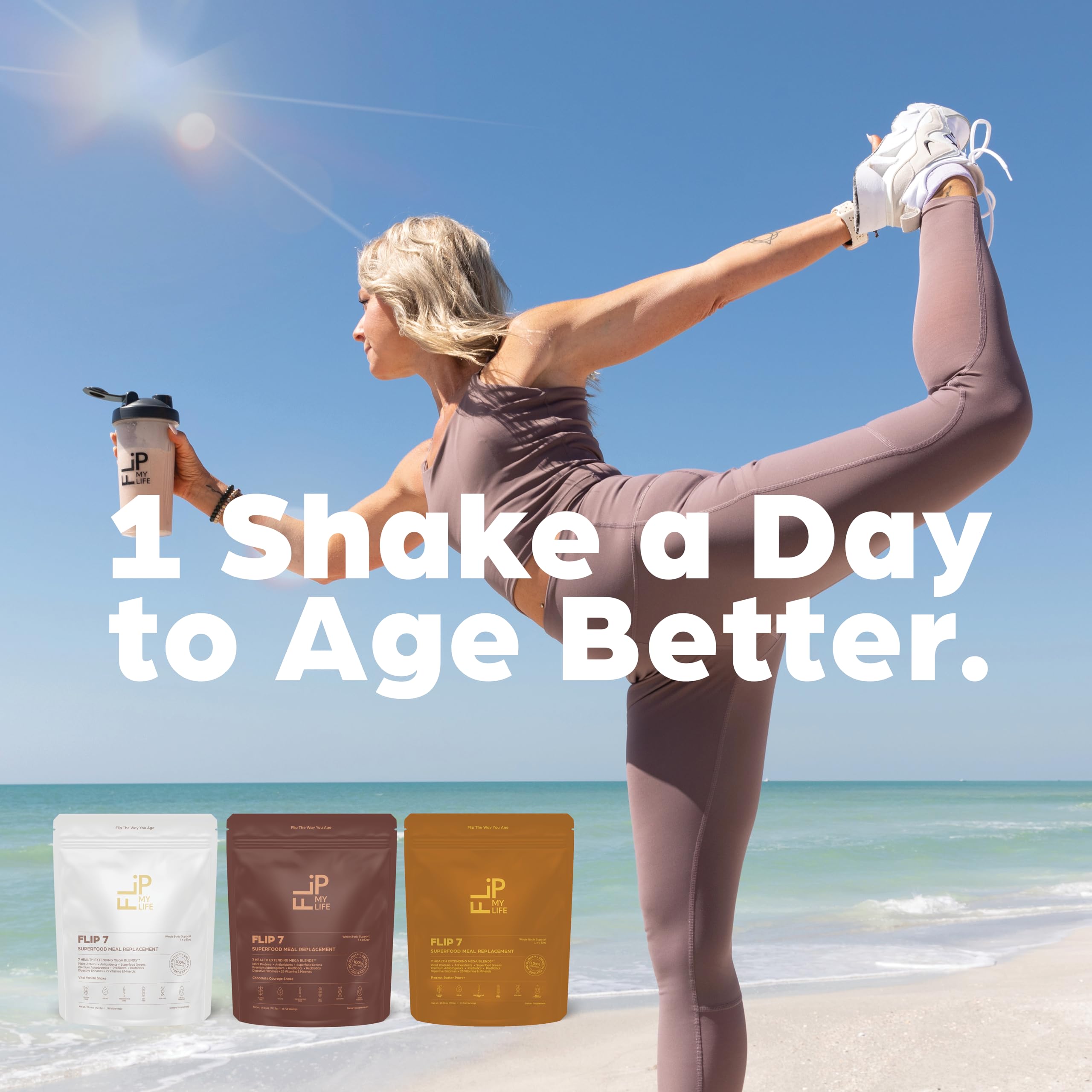 Flip My Life Flip 7 chocolate probiotic prebiotic blend conveys digestive balance and daily wellness.