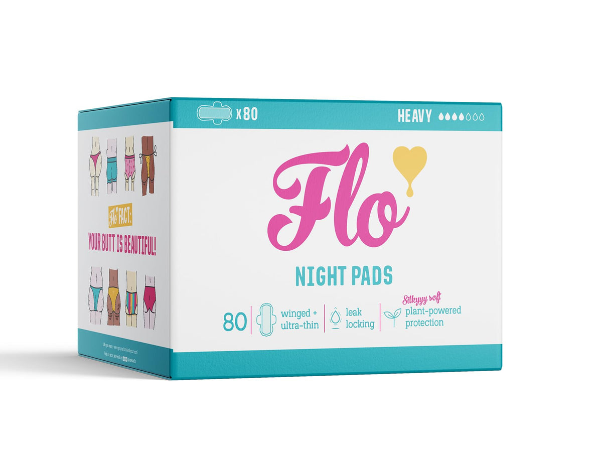 Flo Night Pads with wings for heavy flow provide secure overnight protection.