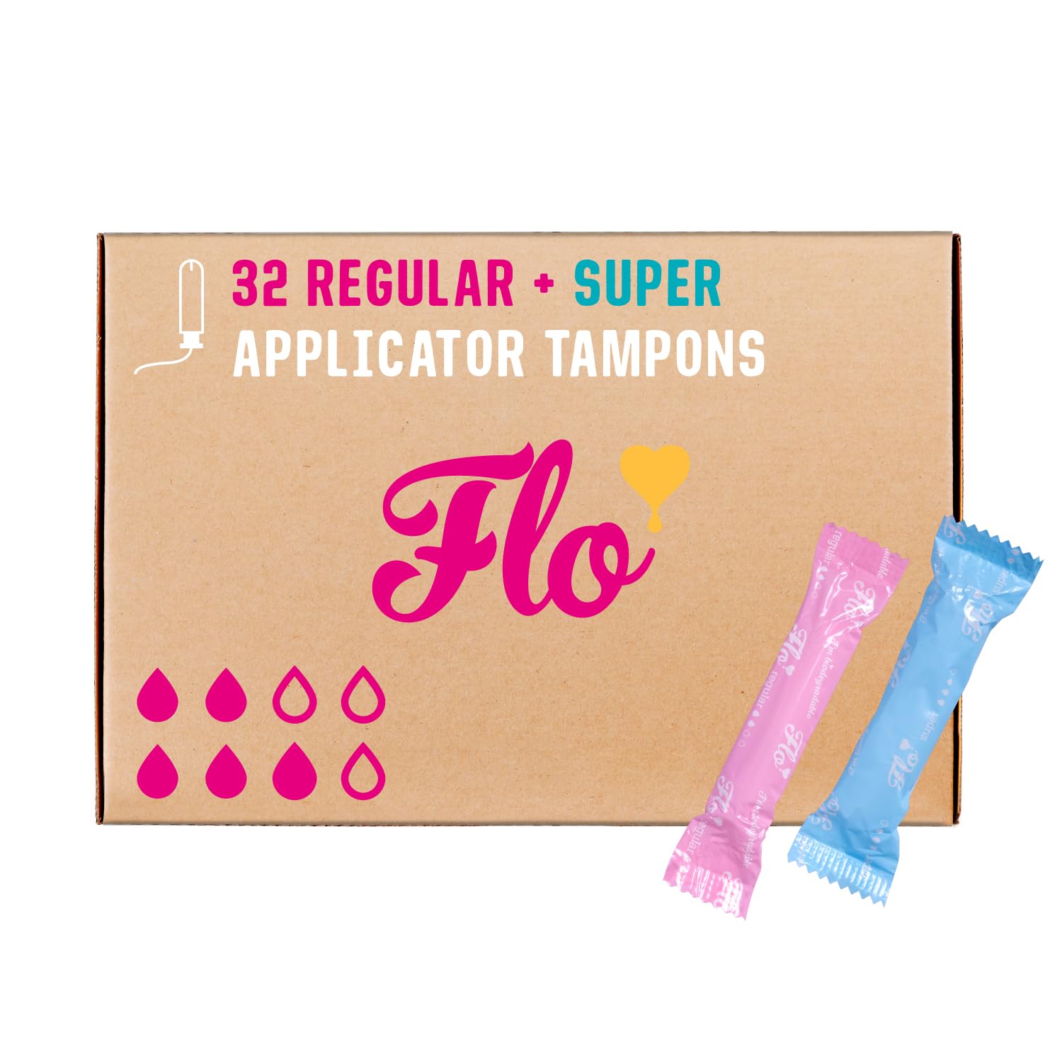 Flo organic cotton tampons 32-pack packaging highlights leak-proof protection for on-the-go days.