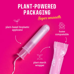 Flo super tampon close-up emphasizes superior absorbency with natural materials.